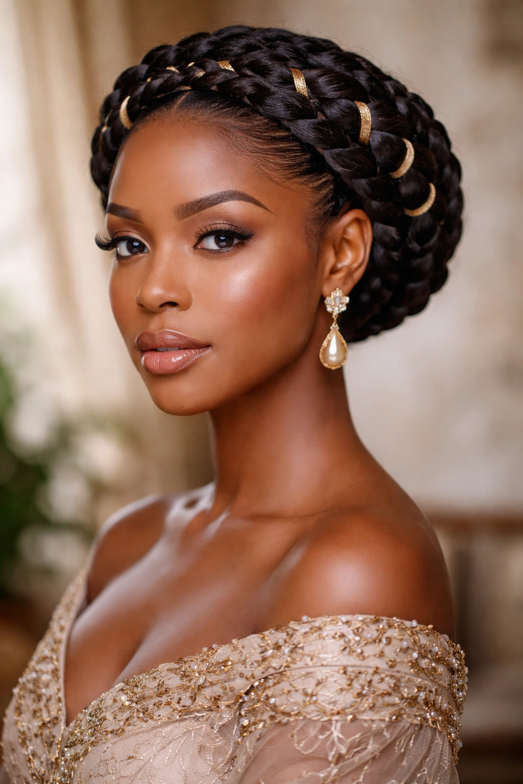 Crown braid with wrapped finish around the head for a regal look