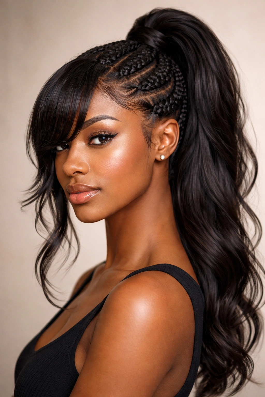 Head with crown braided ponytail and side fringe framing the face