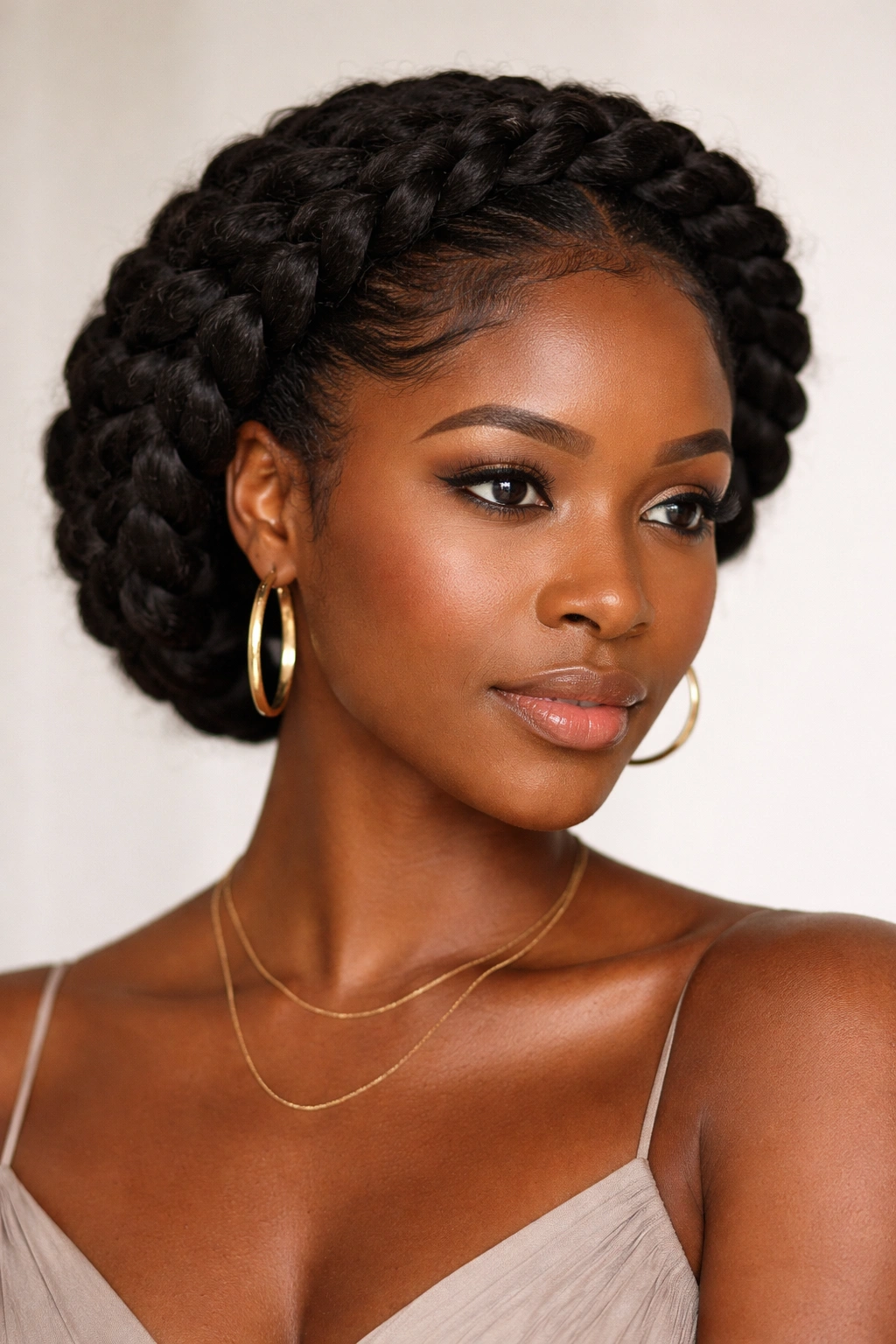Crown braids forming circular crown around head with halo