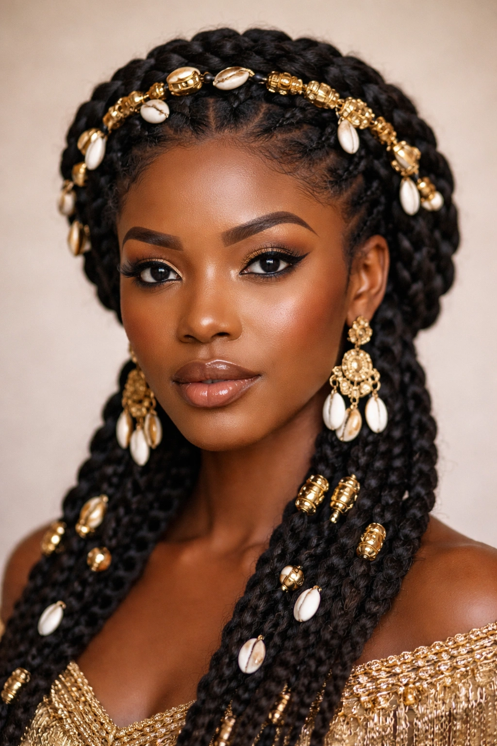 Crown braids wrapped around head with gold beads and cowrie shells