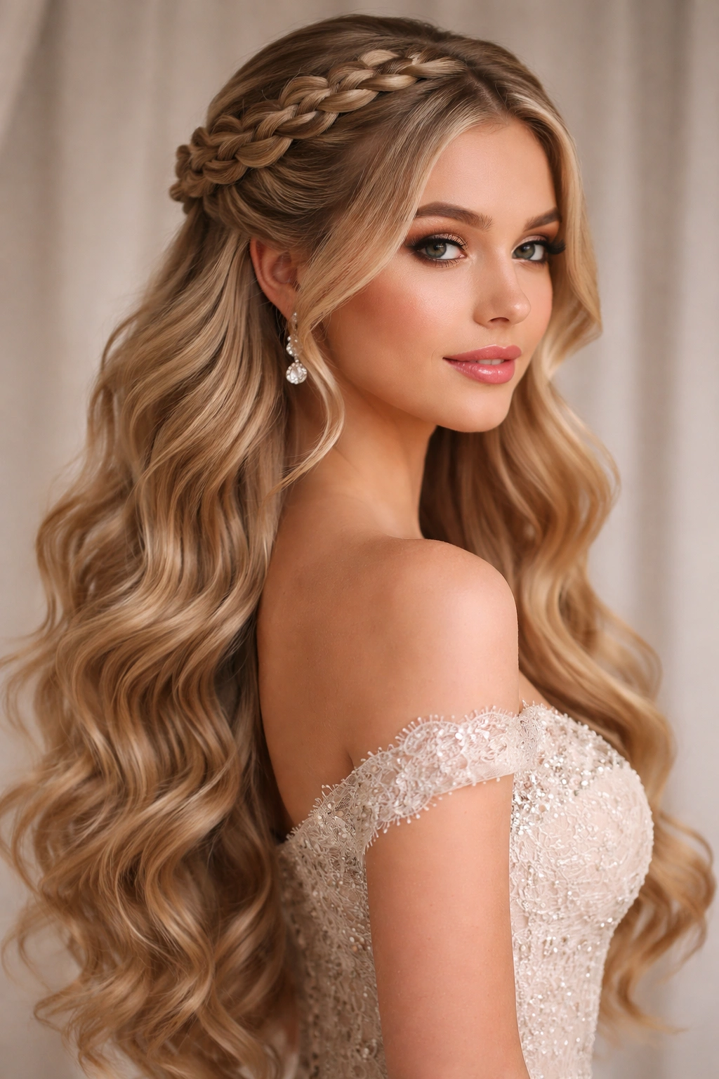 Crown braids with cascading waves around the crown for a prom hairstyle