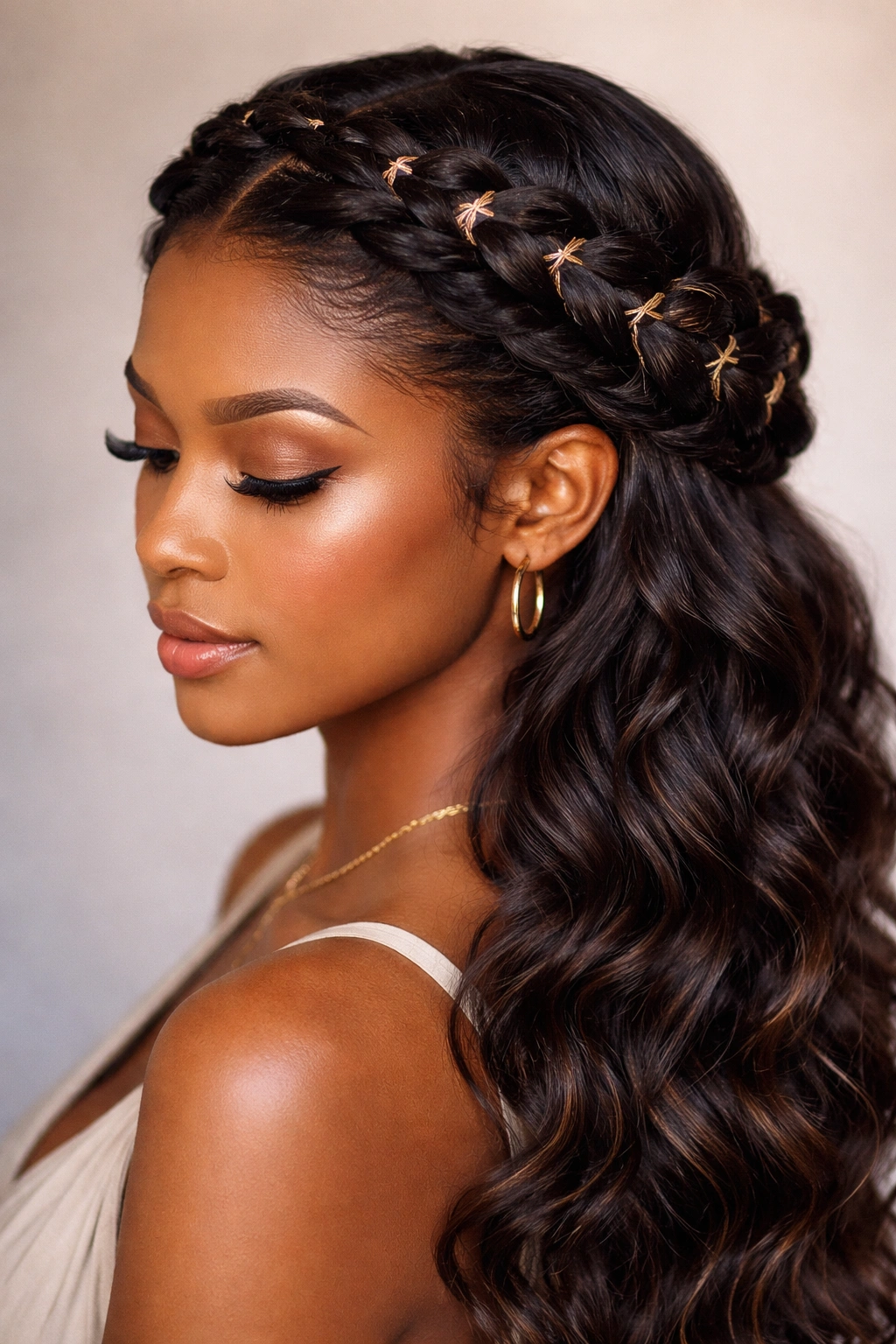 Elegant crown braids with wrapped sections on wavy hair