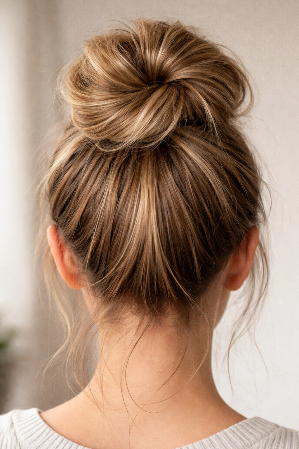 Back view of a high crown bun on straight hair with a hidden internal anchor
