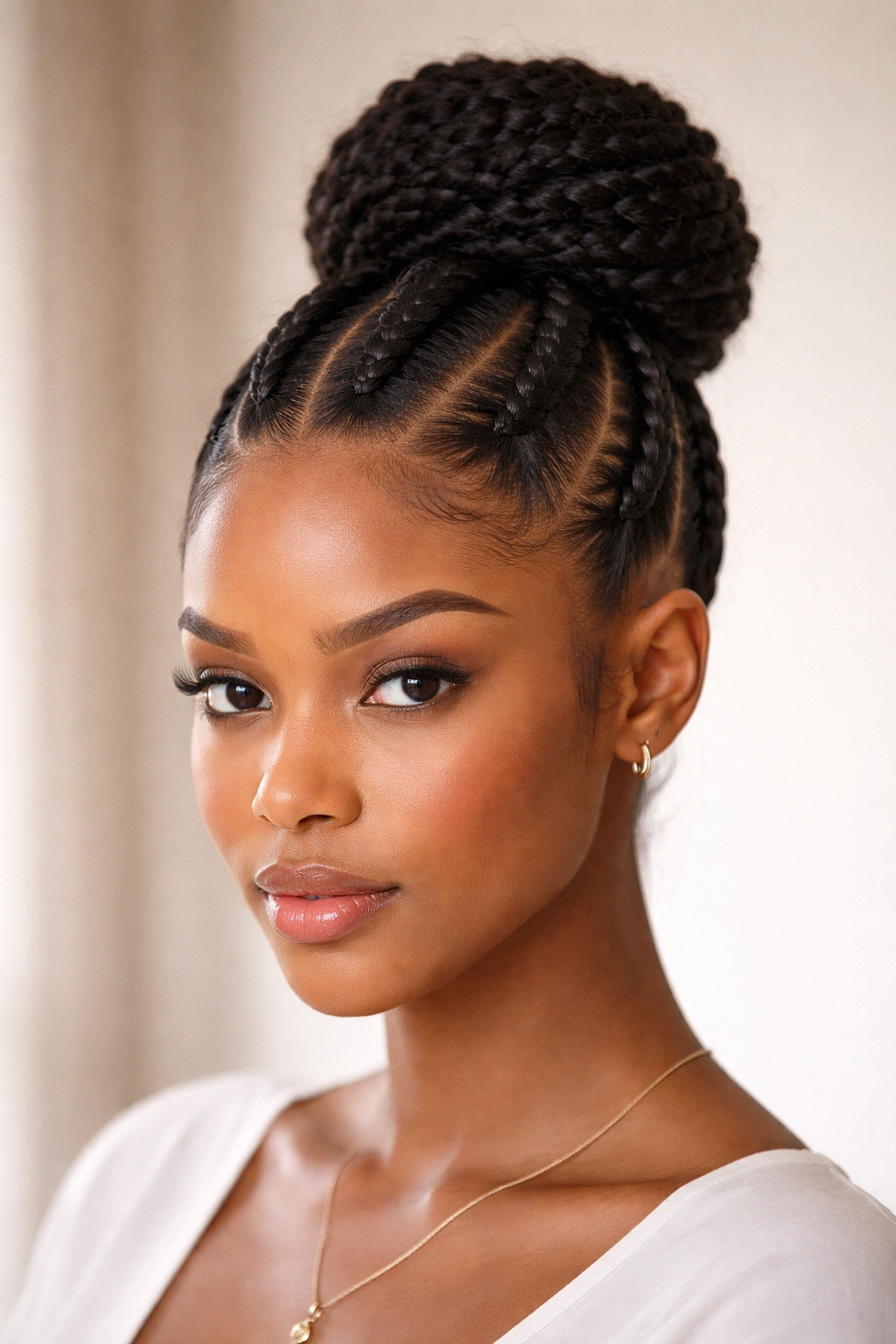 Close-up of three central cornrows feeding into a high, rounded crown bun.