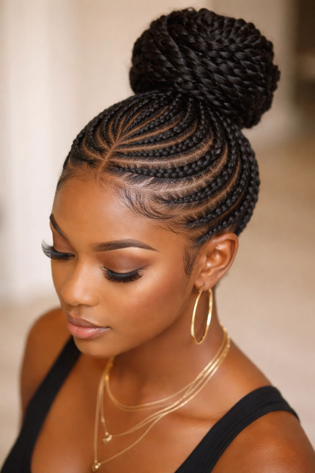 Crown-circle Ghana cornrows forming a high bun at the crown