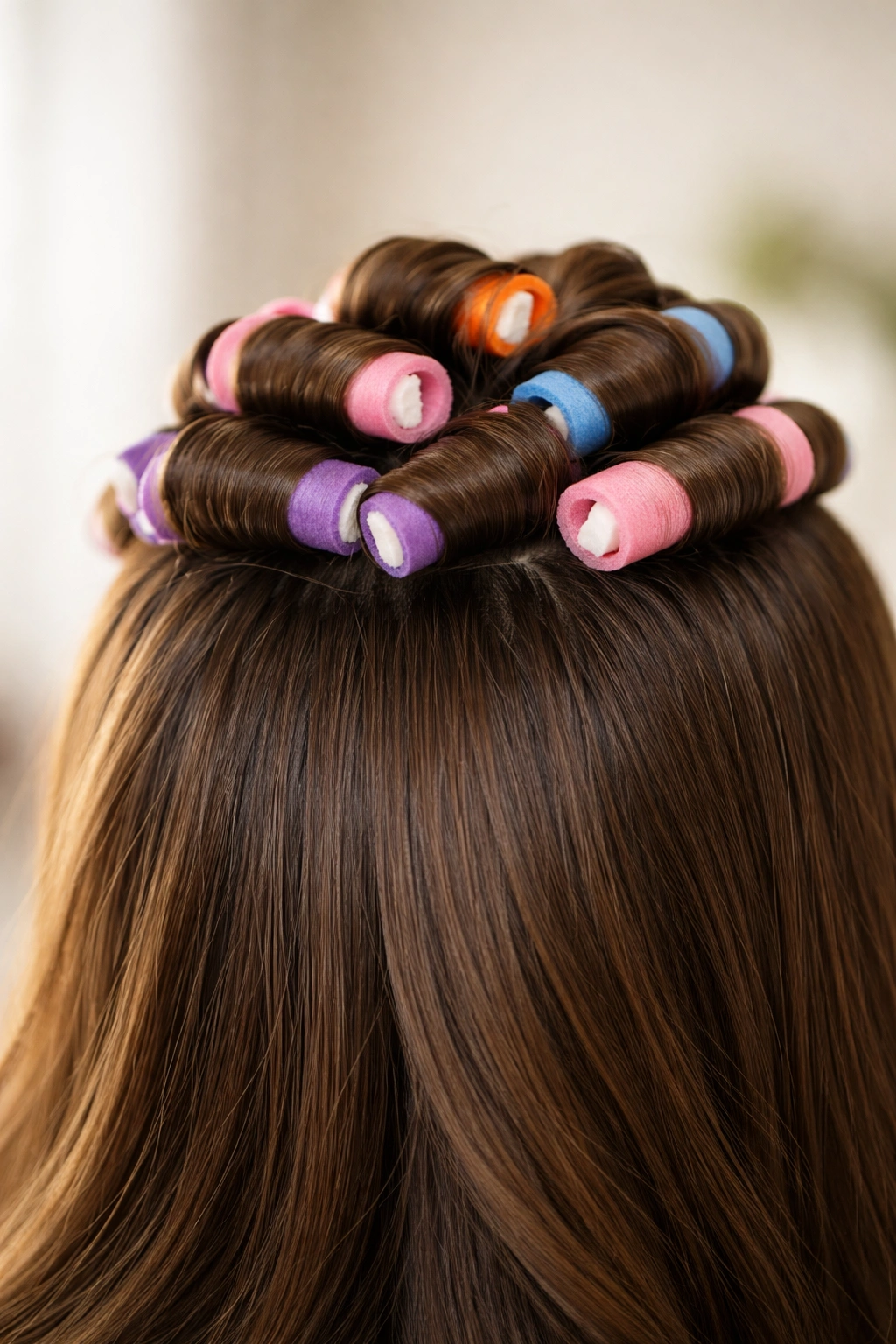 Close-up of crown area with clustered rods creating volume in hair
