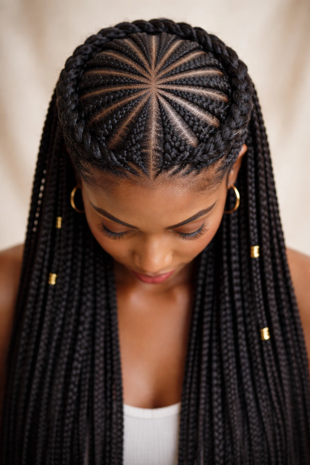 Crown of cornrows encircling head with underneath box braids