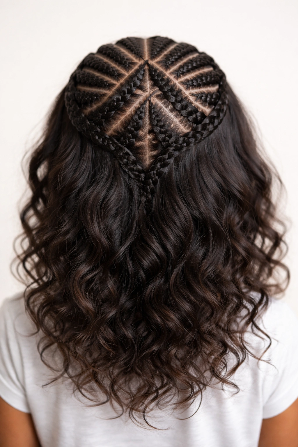 Close-up of a child's crown showing diamond-pattern cornrows with loose front hair