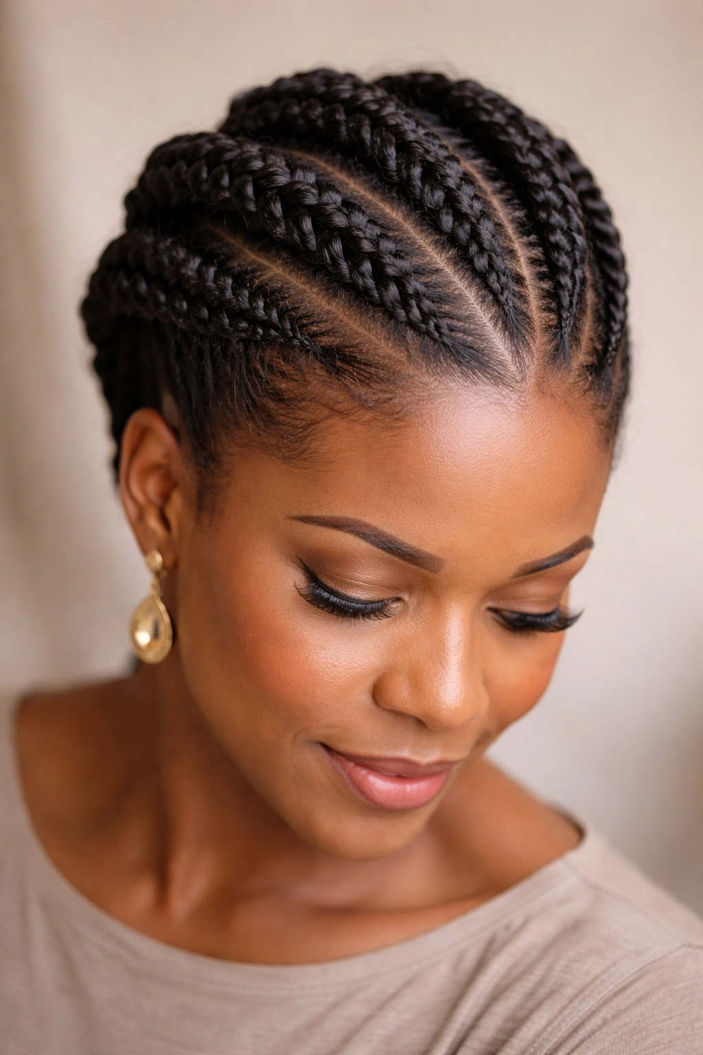 Top crown area with spiraling cornrows creating lifted volume
