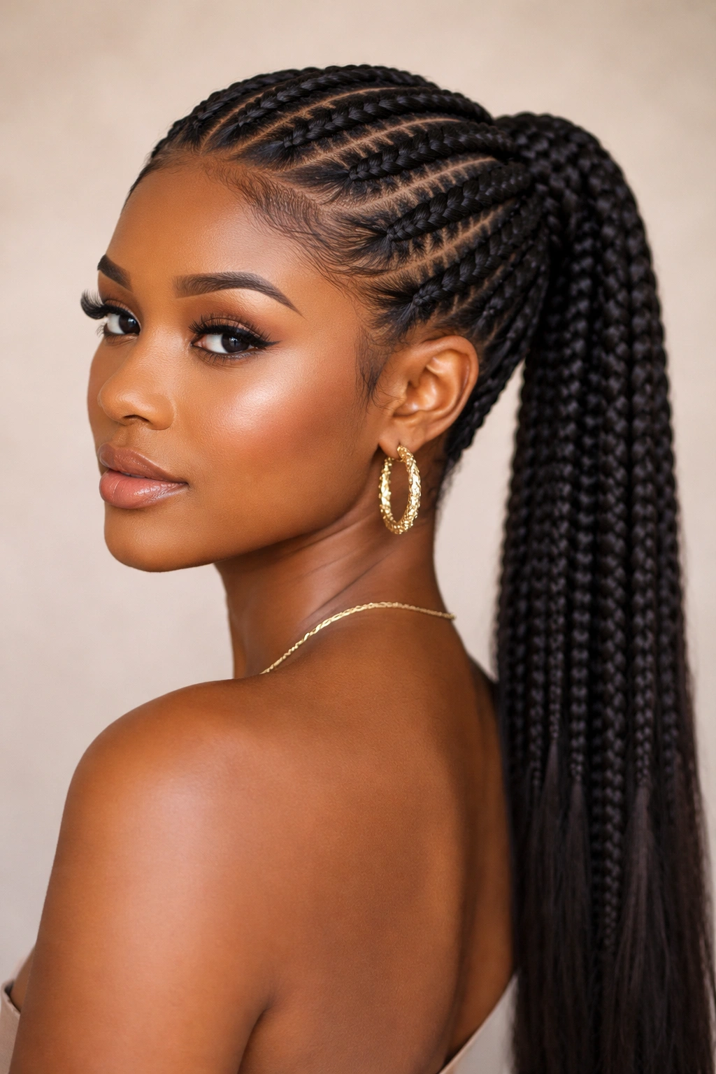 Close-up of crown cornrows forming a halo with a sleek ponytail