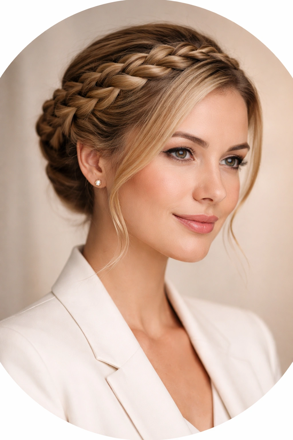 Crown French braid encircling the head in an elegant professional hairstyle