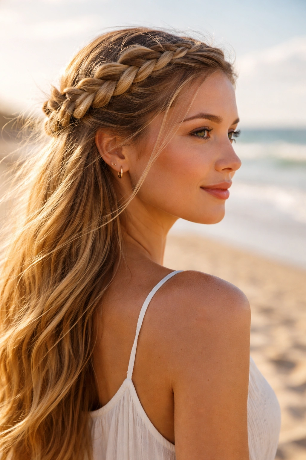 Portrait of person wearing a crown-style French braid encircling the head, hair flowing below