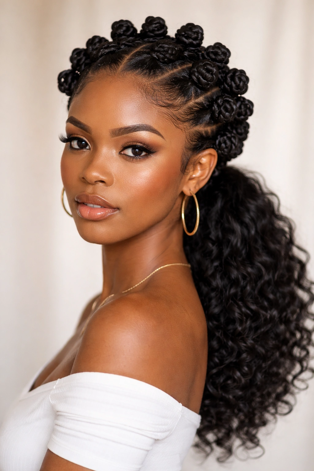 Halo of Bantu knots around crown framing the face with a low ponytail.