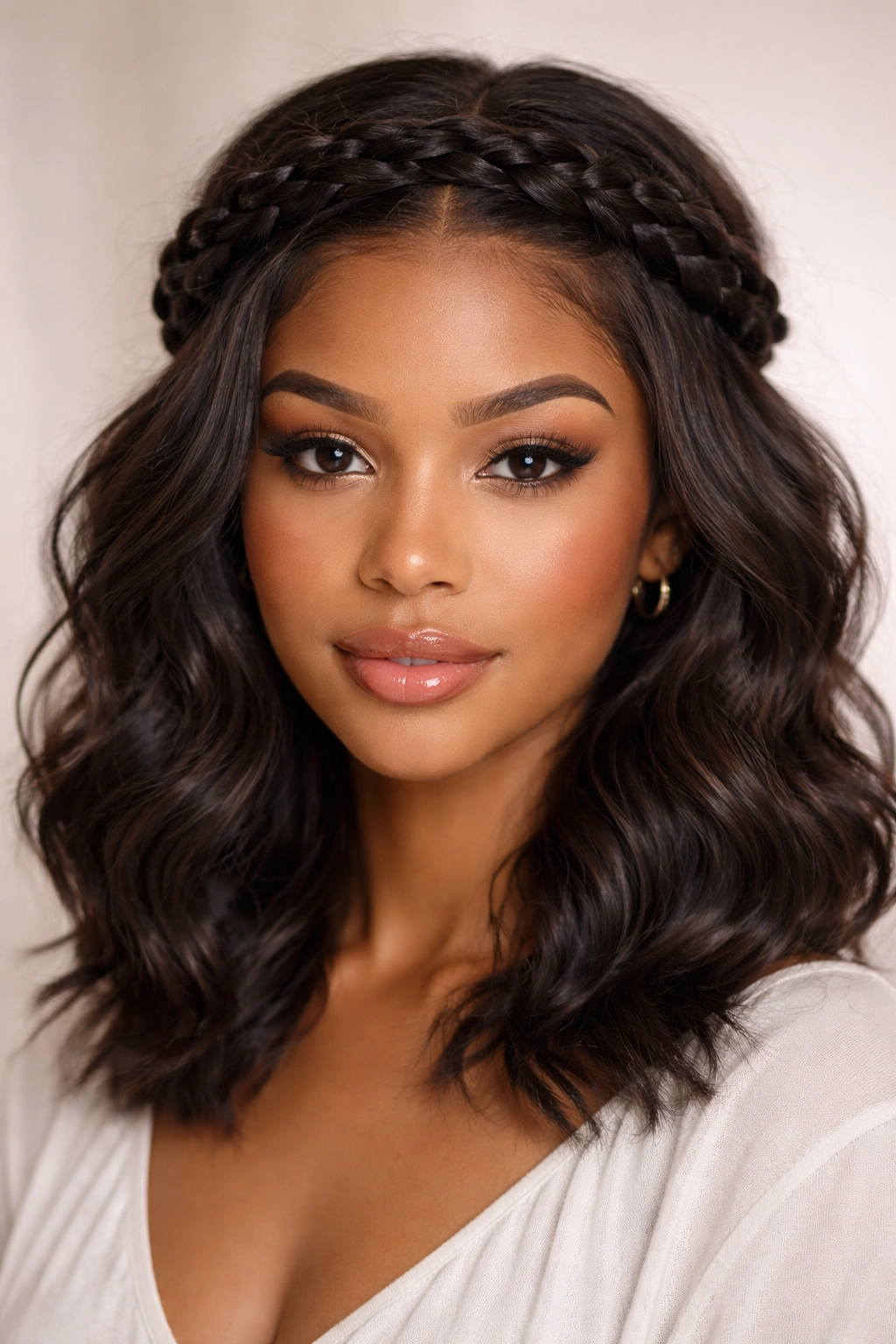 Crown halo braid around the crown with soft underneath waves