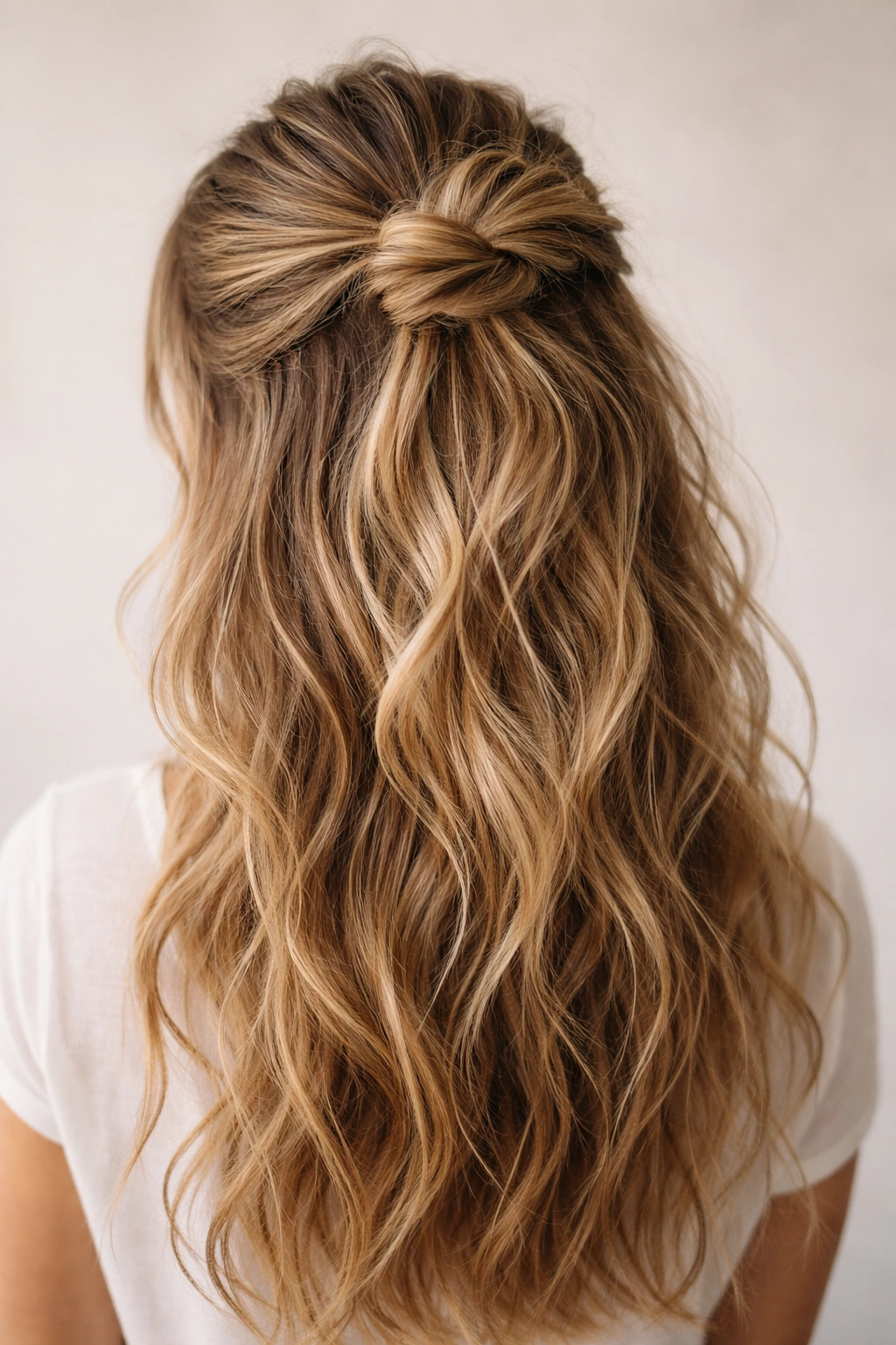Close-up of a loose crown knot hairstyle with textured hair at the crown and flowing locks.