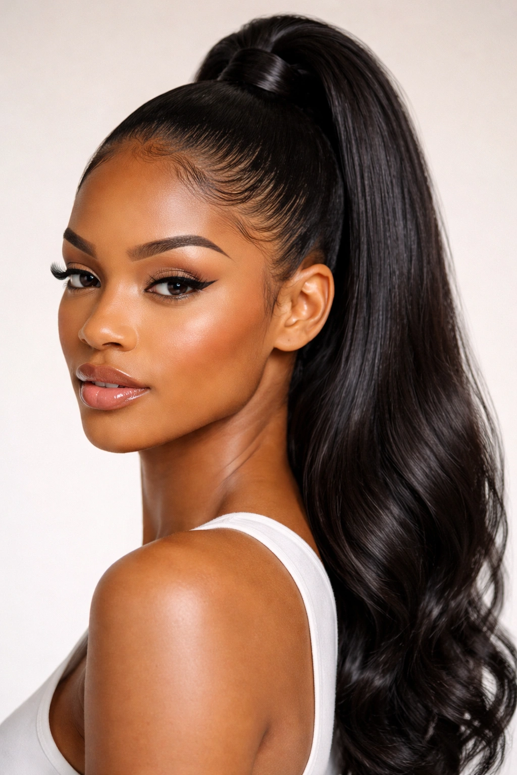 Close-up of crown-positioned sleek ponytail with smooth edges