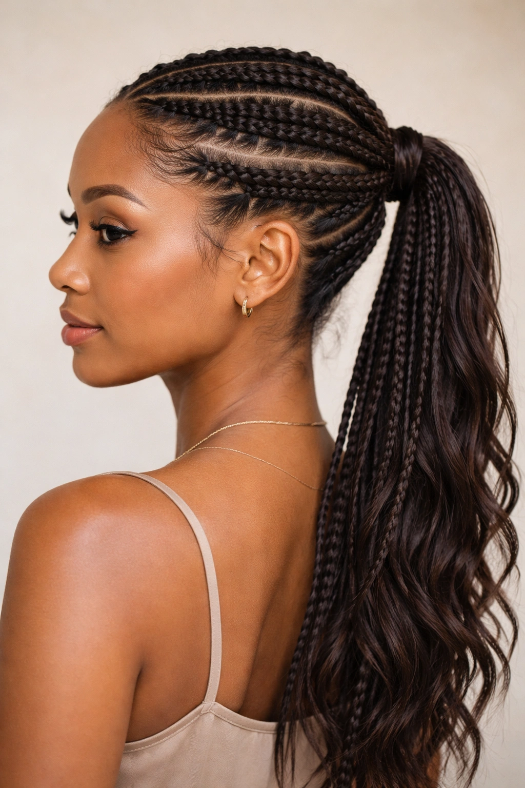 Knotless braided crown framing the face with a back ponytail