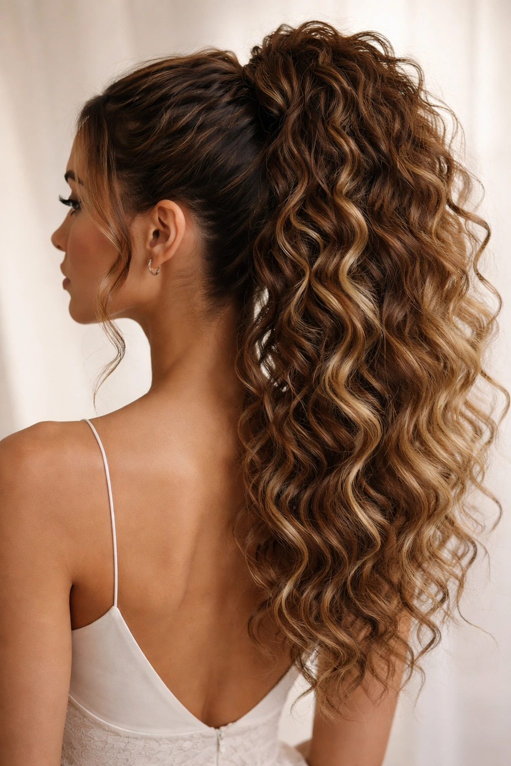High crown ponytail showing multiple textures and color variation in curls