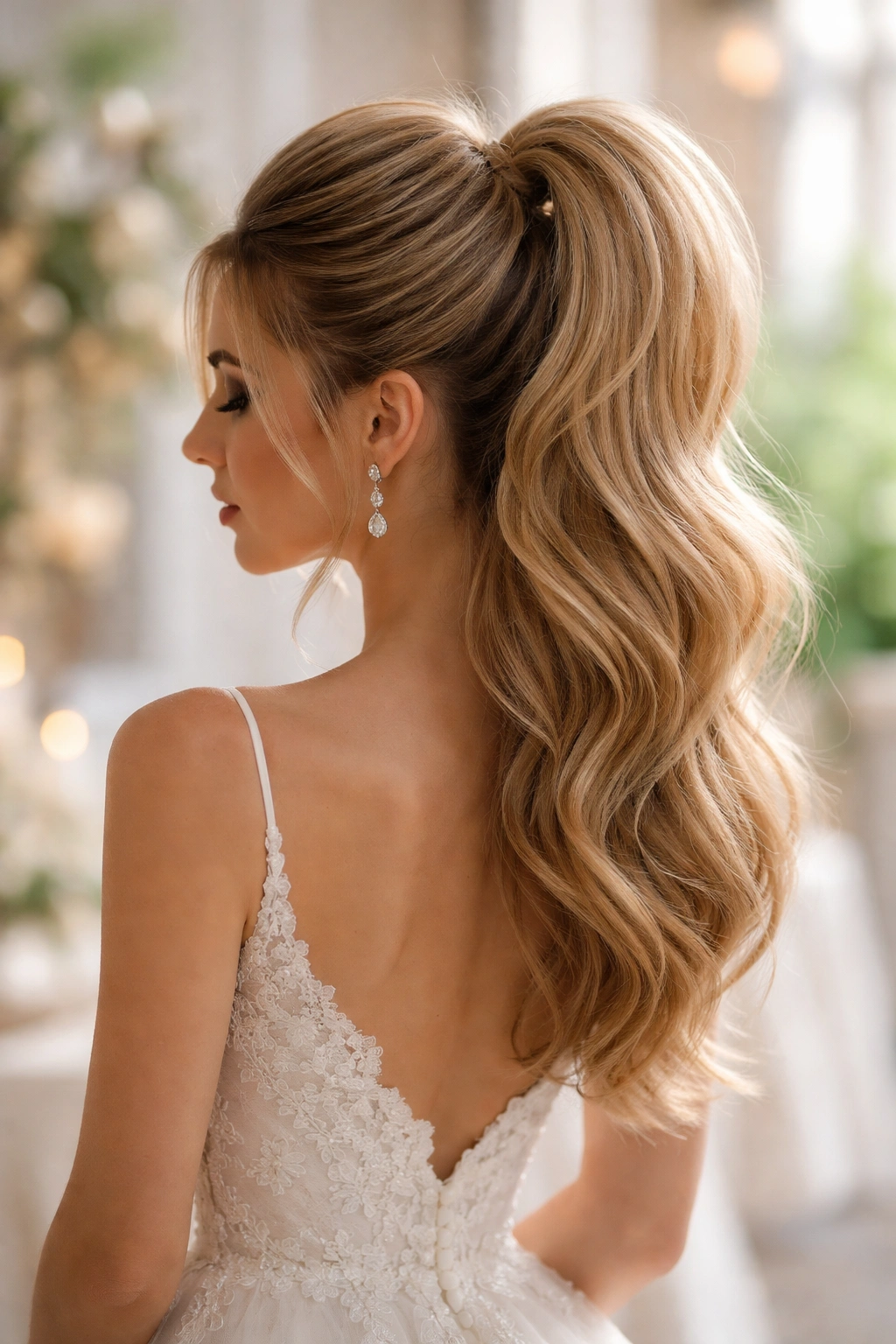 High-volume crown ponytail with a flowing loose tail and soft lighting