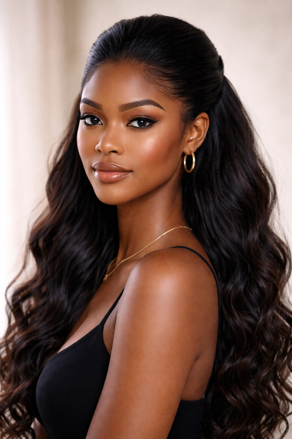 Close-up of a Black woman with a crown-pull-back hairstyle featuring a sleek crown and flowing hair