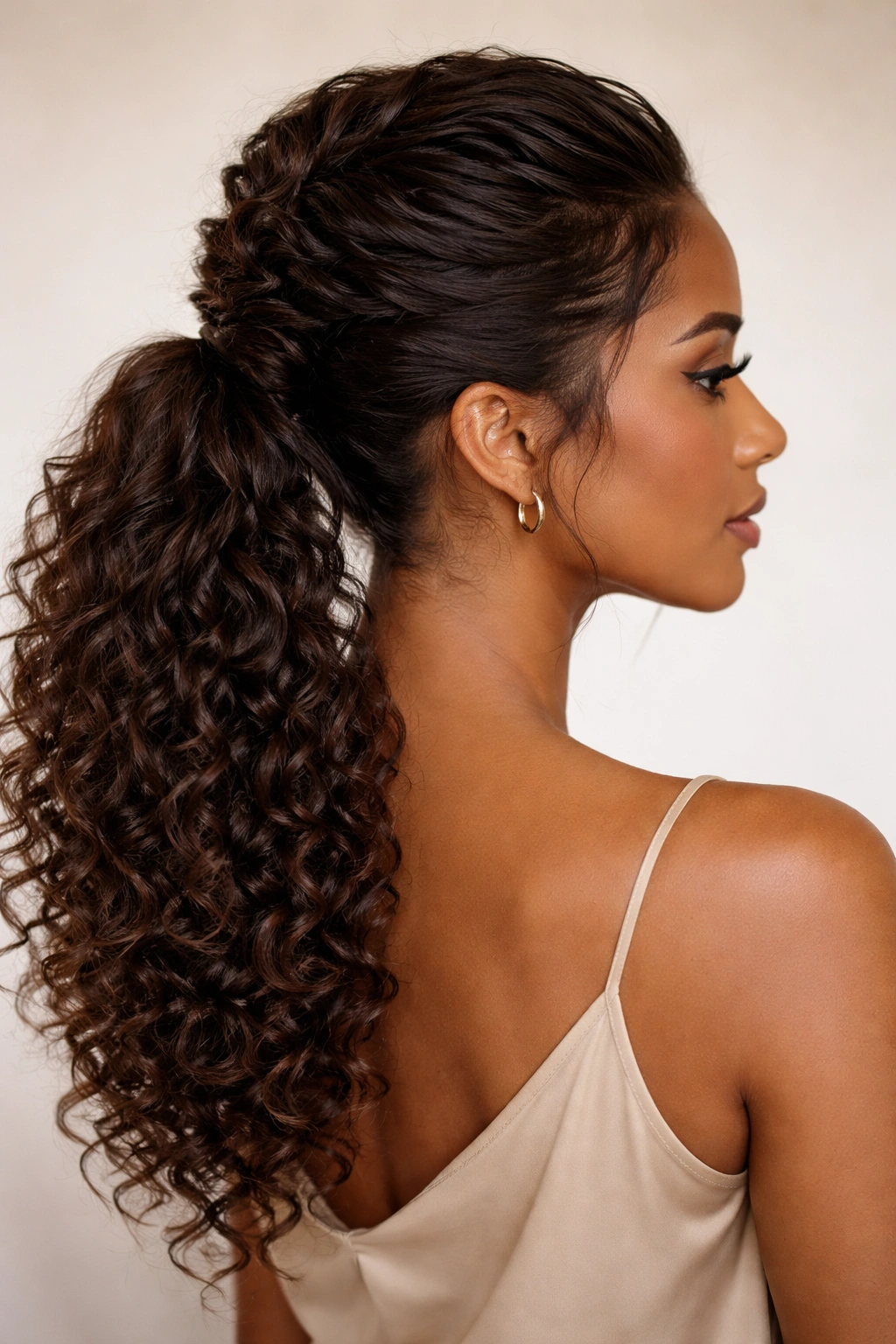 Close-up of crown-raised low weave ponytail with crown lift
