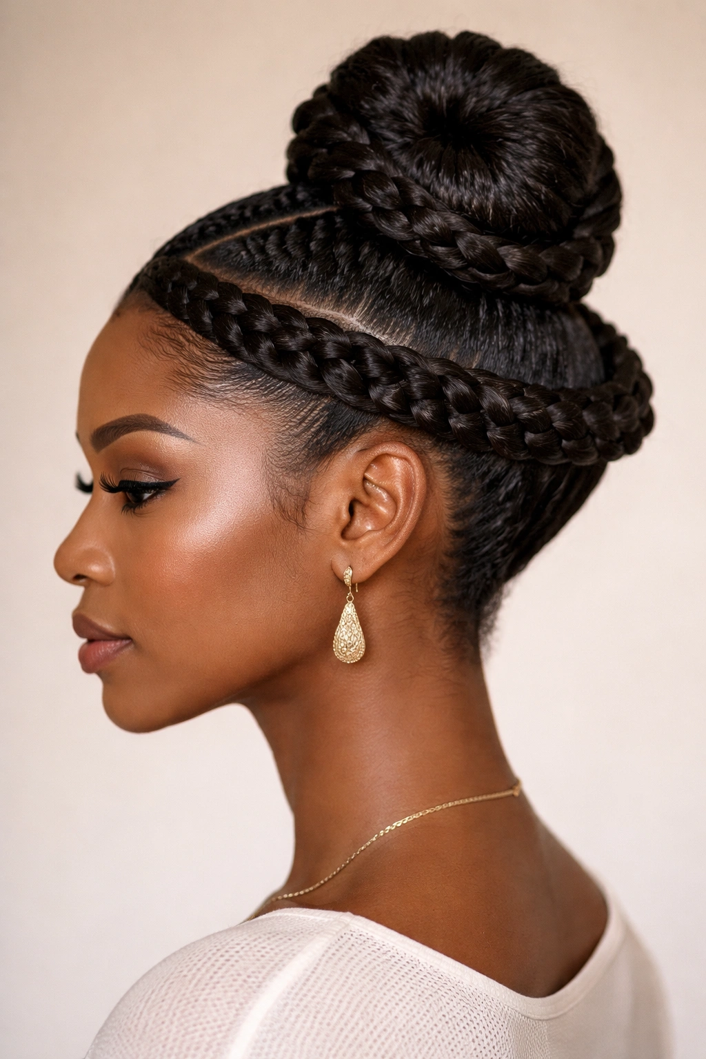 Side view of crown ring bun with braided frame showing a circular braided ring around the head and centered bun