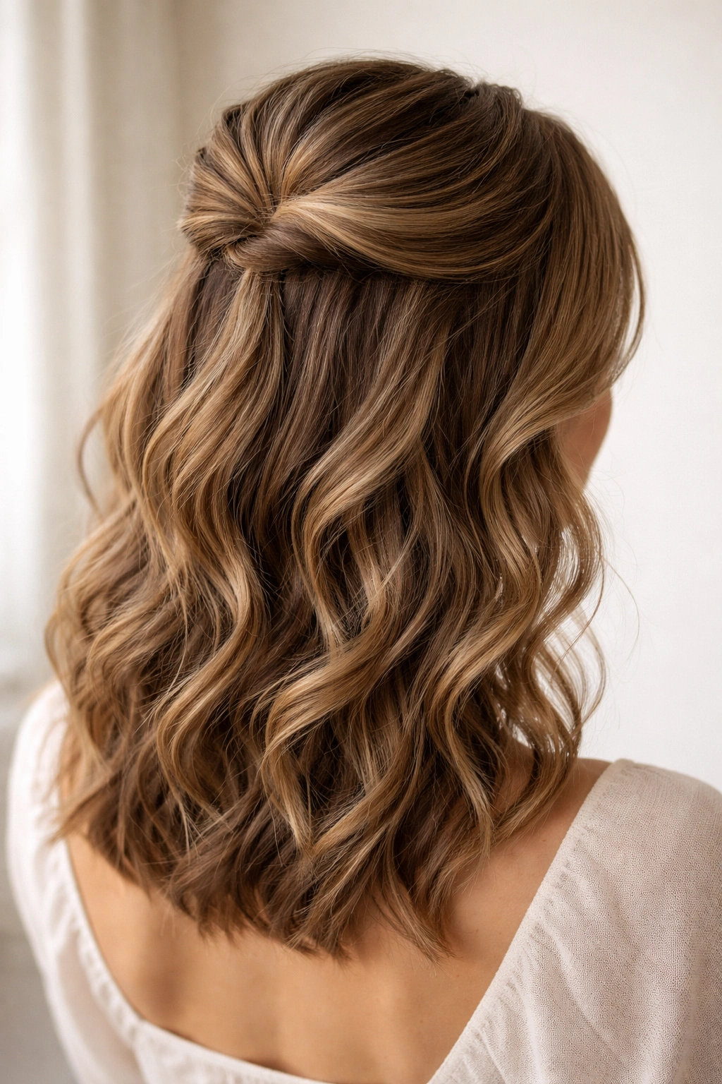 Crown rolled-back half-up transitioning into loose waves