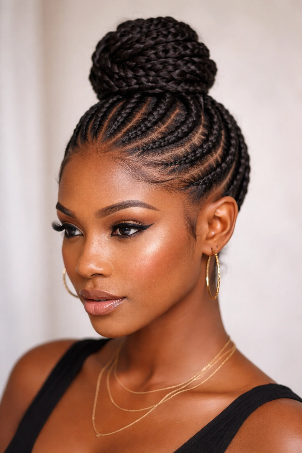 Close-up of crown-stitch cornrows forming a lifted crown updo