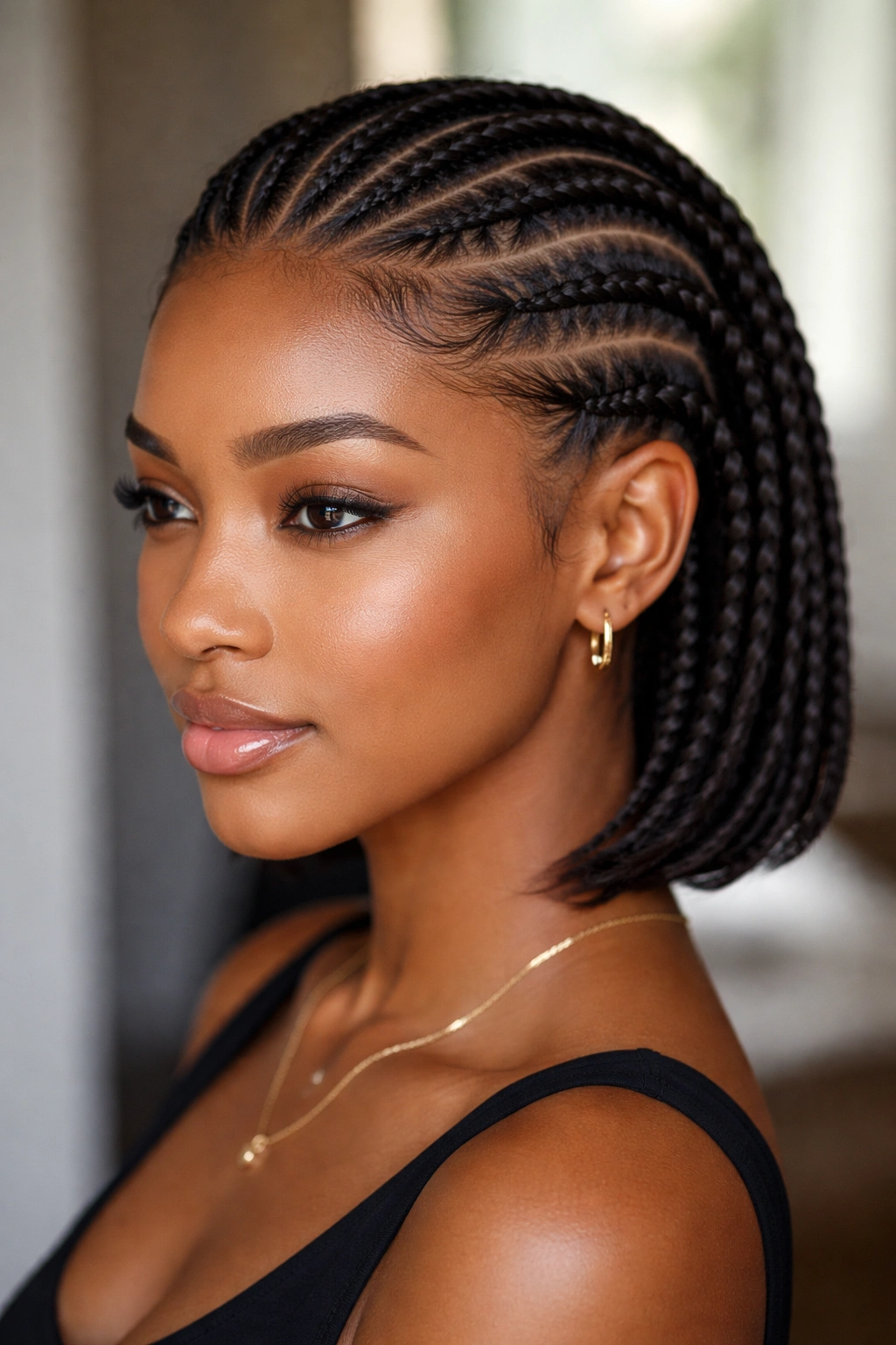 Crown-style feed-in cornrows framing the head with top kept free