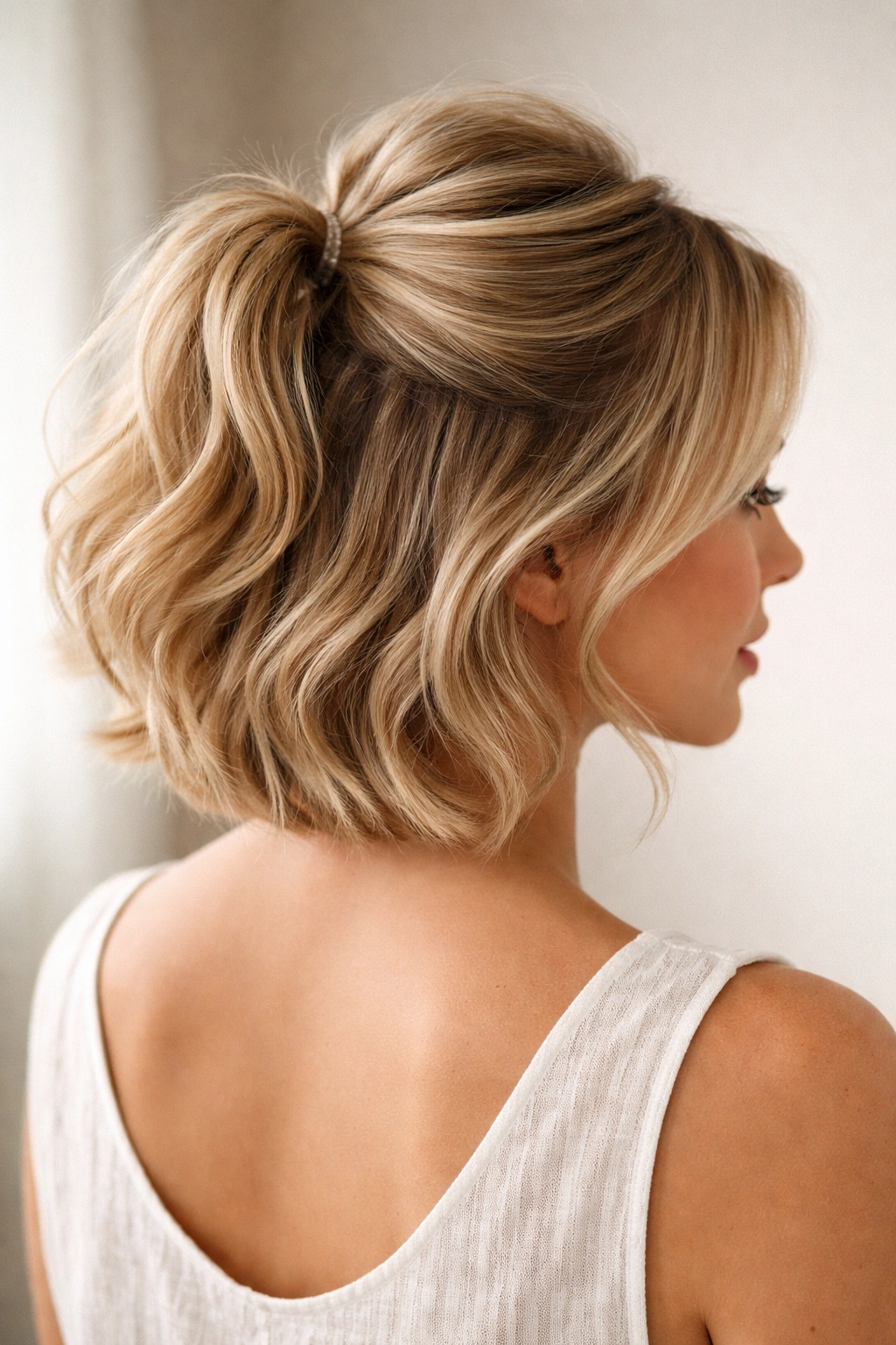 Short hair with crown texture and volume in a half-up ponytail