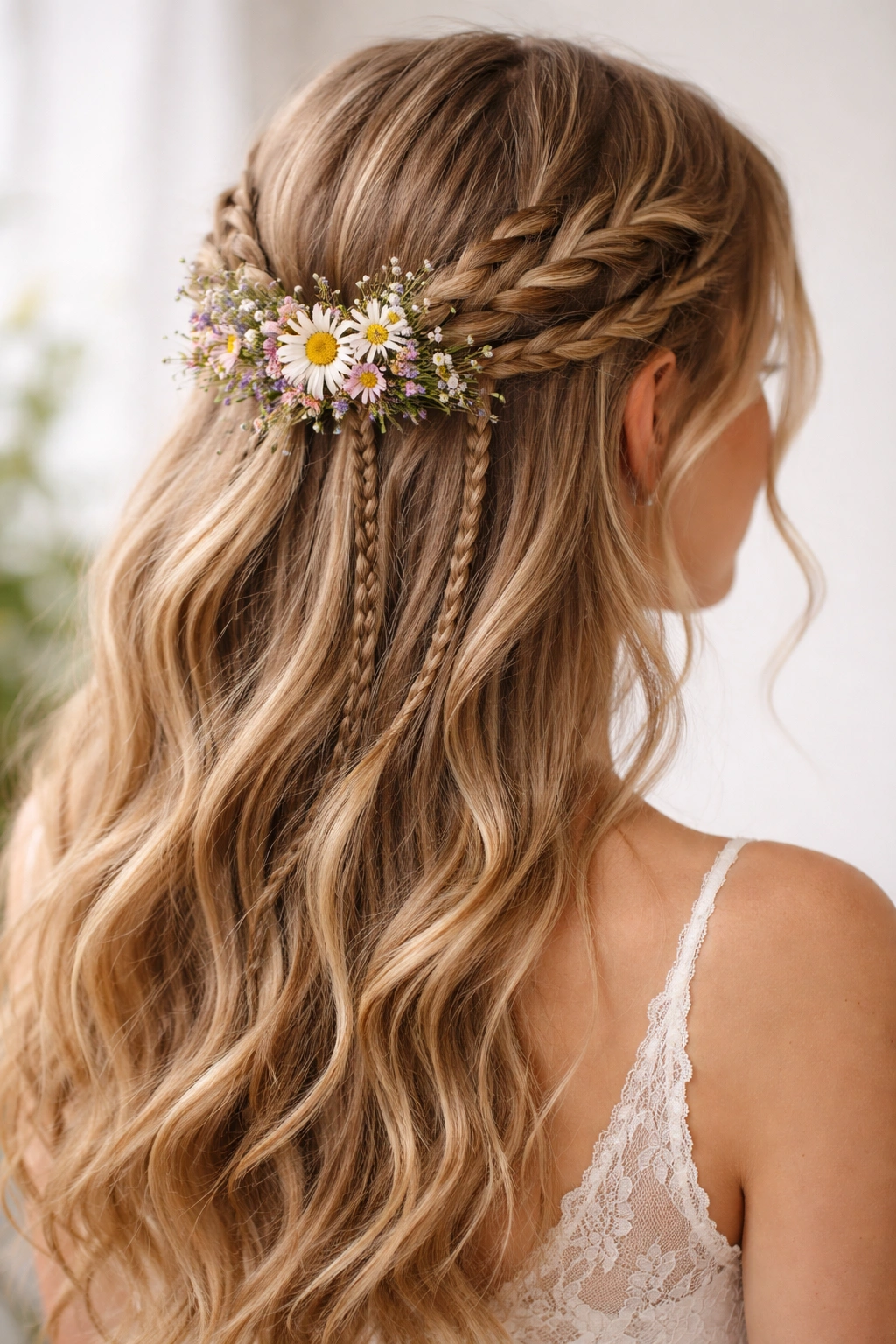 Crown twist hairstyle with braided details and wildflowers at the back