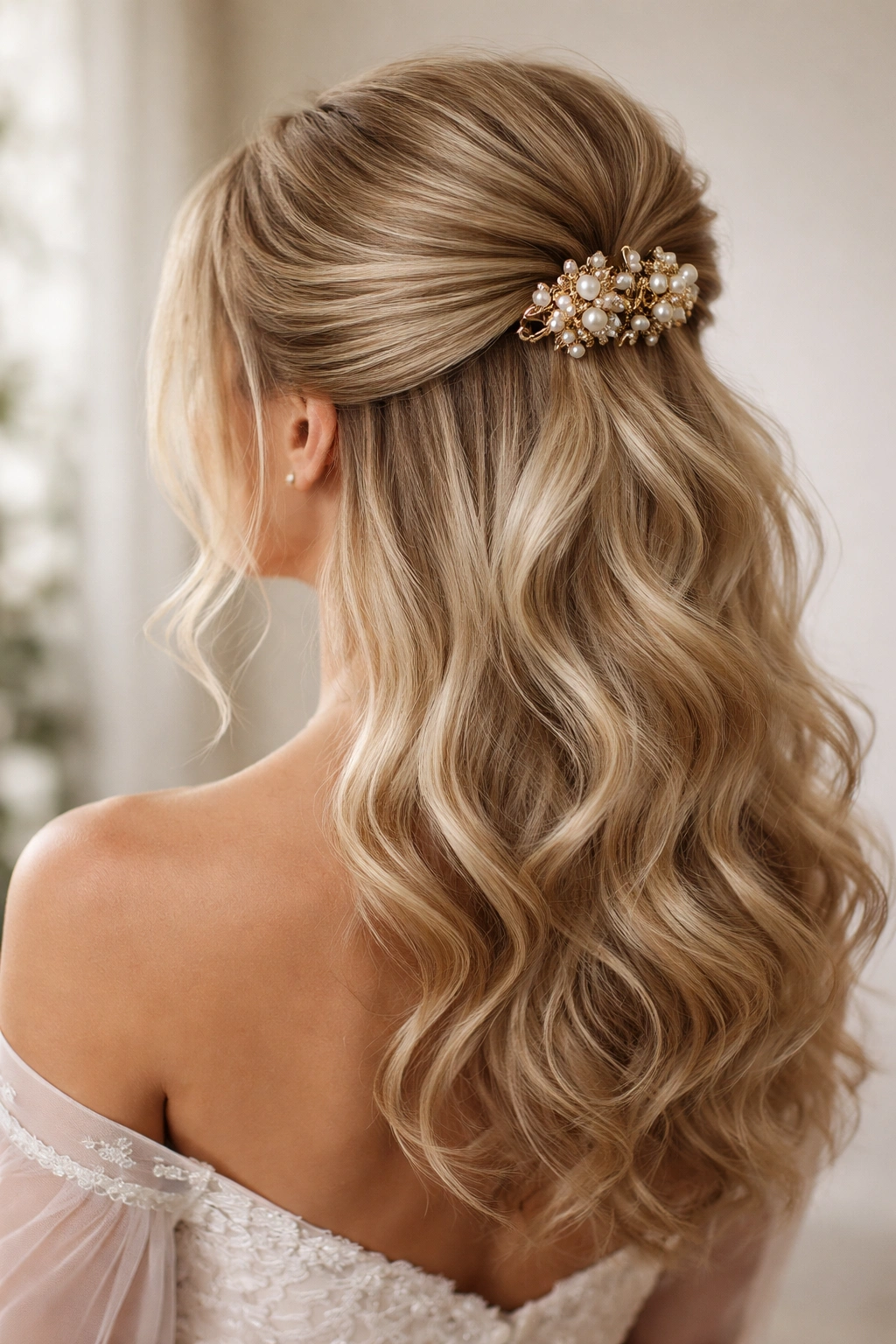 Close-up bridal hairstyle with dramatic crown volume secured by a claw clip