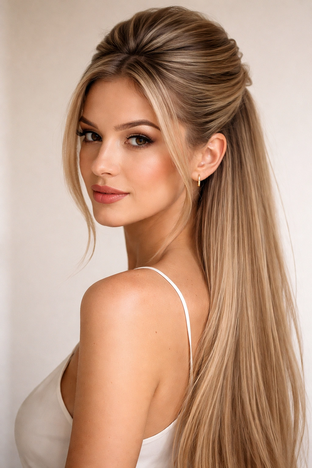 Pulled-back half-up hairstyle with crown volume