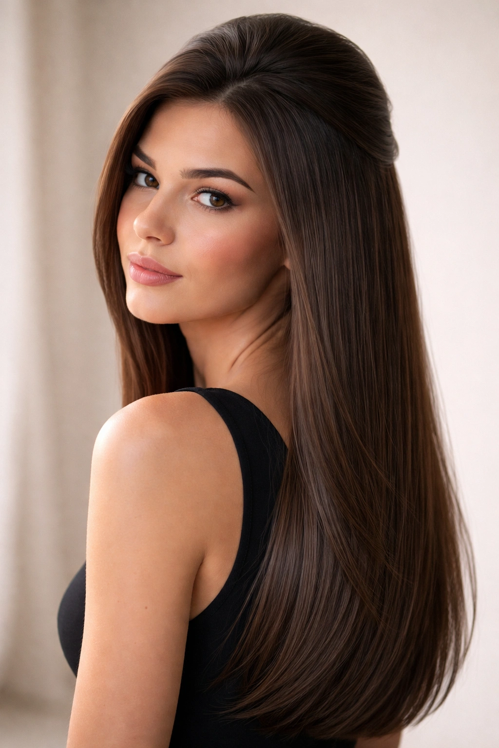 Sleek straight hair with subtle crown volume and glossy finish.