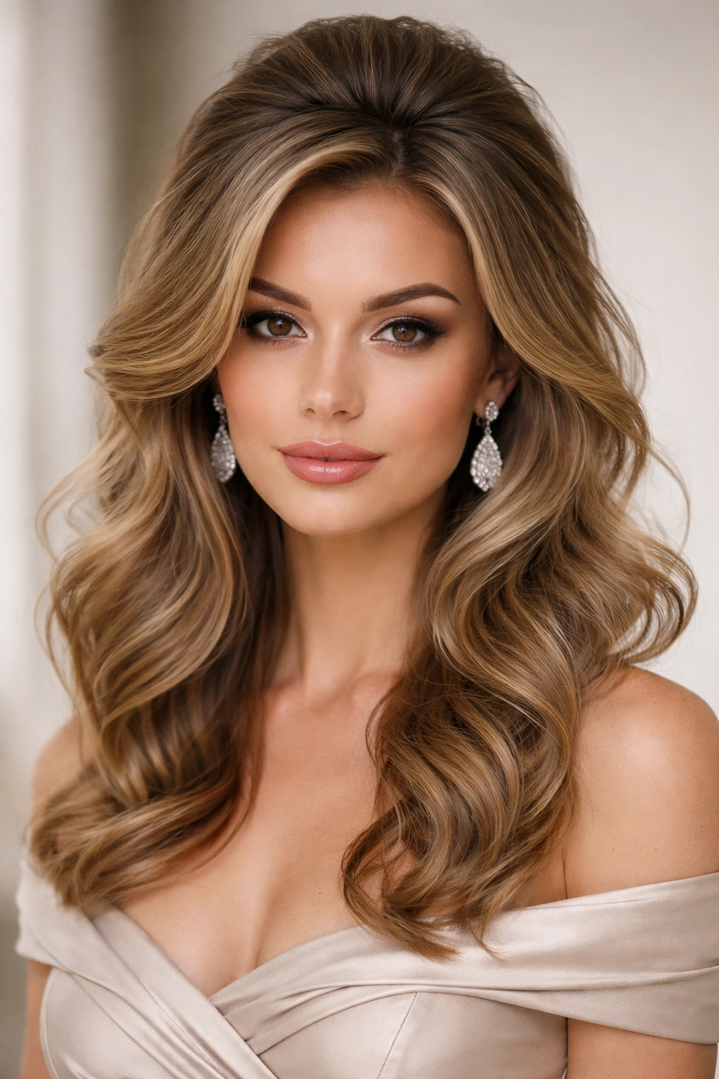 Loose waves with high crown volume forming a balanced silhouette
