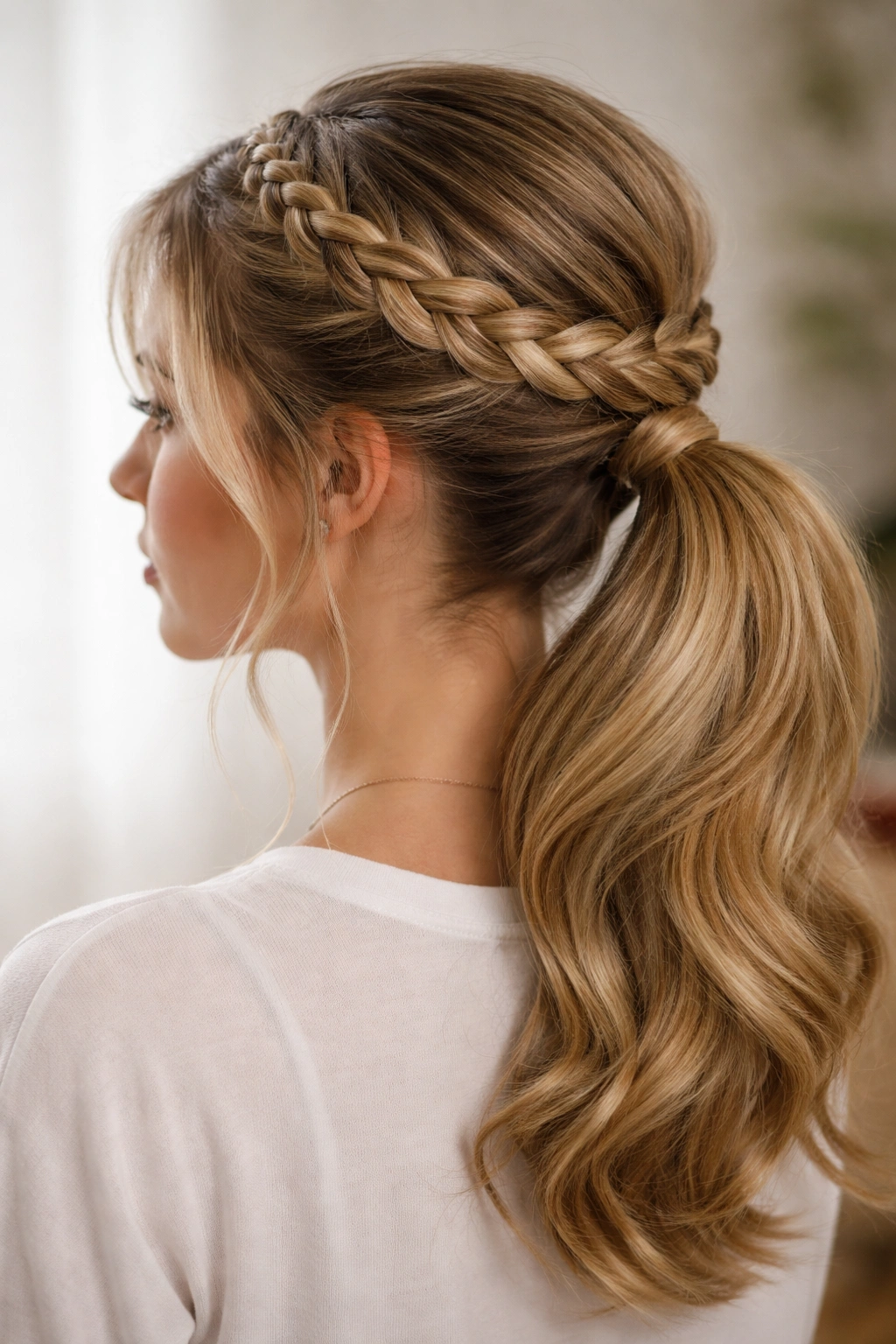 Crown weave around head leading to high-volume base of low ponytail