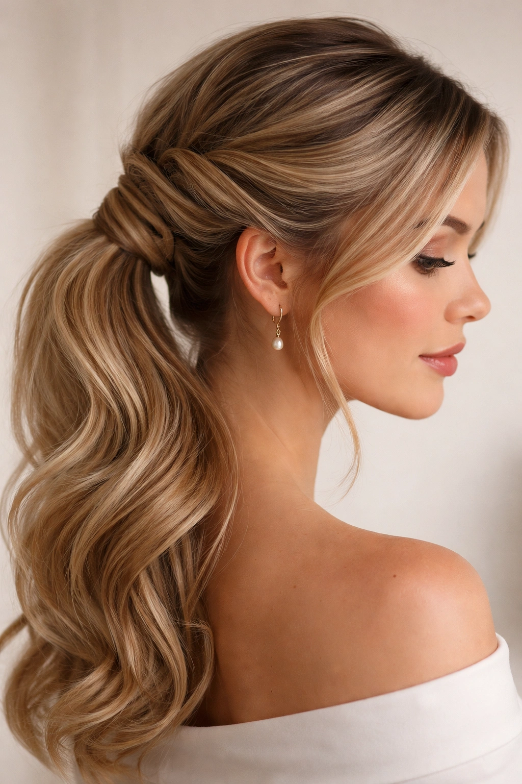 Side view of a crown-wrapped ponytail with sections wrapping around the base