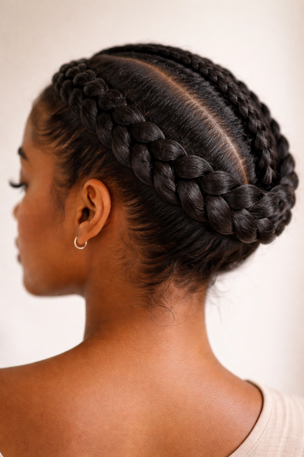 Three braids wrapped around the head in a crown-like circular pattern
