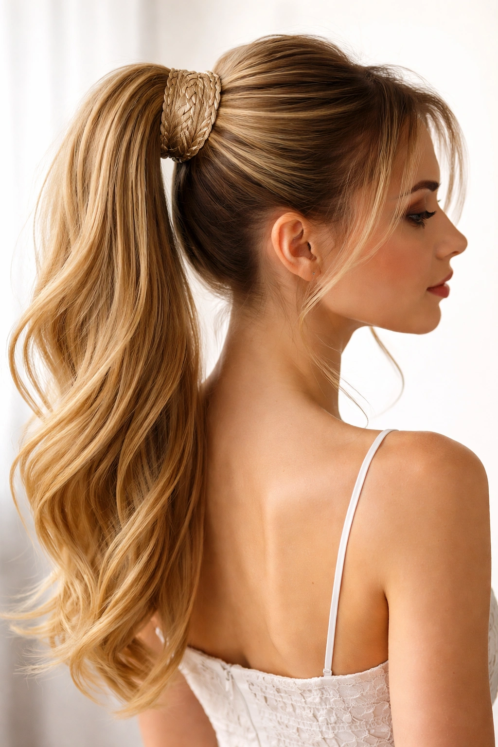 High ponytail with crown wrap decoration around the base
