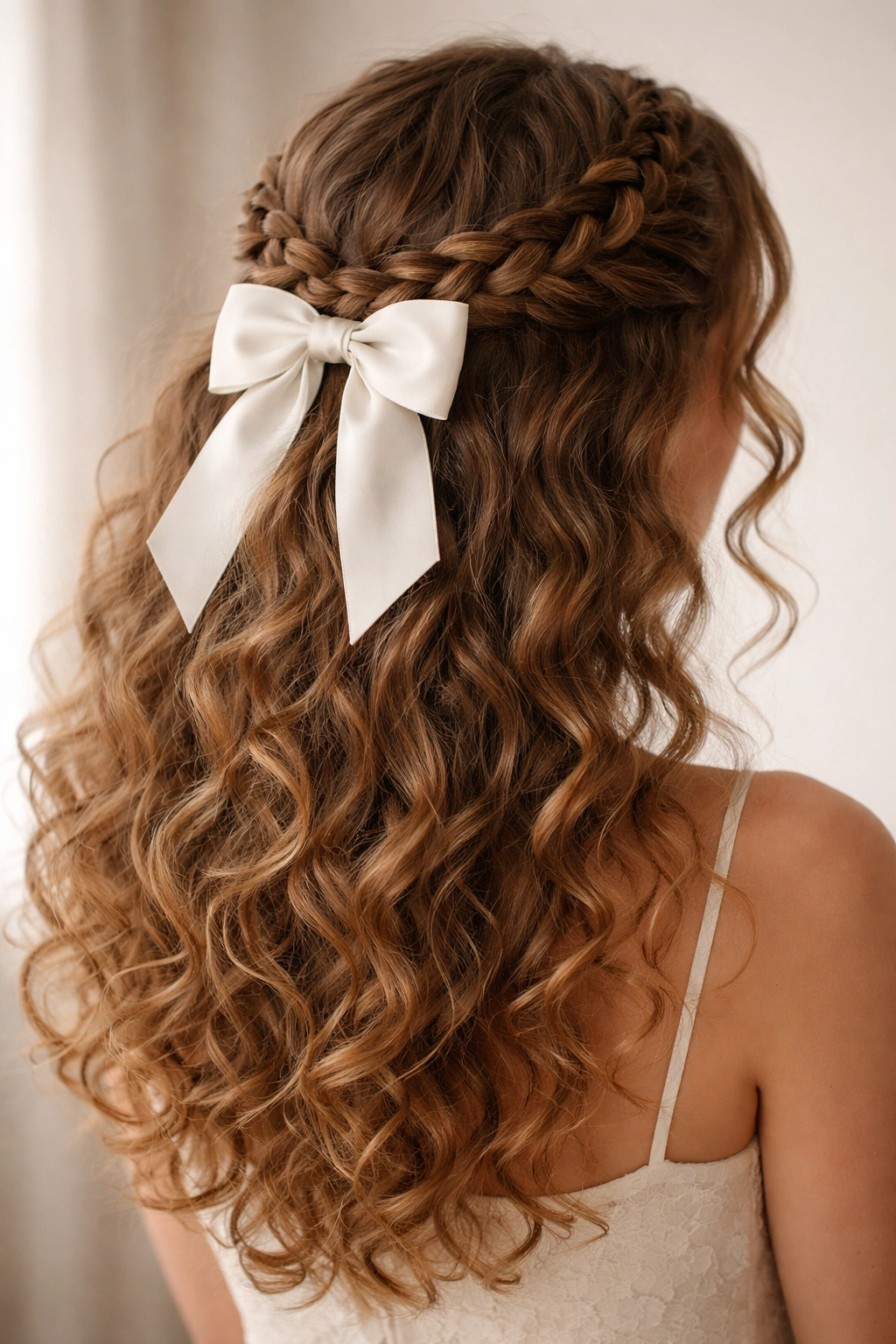 Crowned braid half-up with bow on curly hair