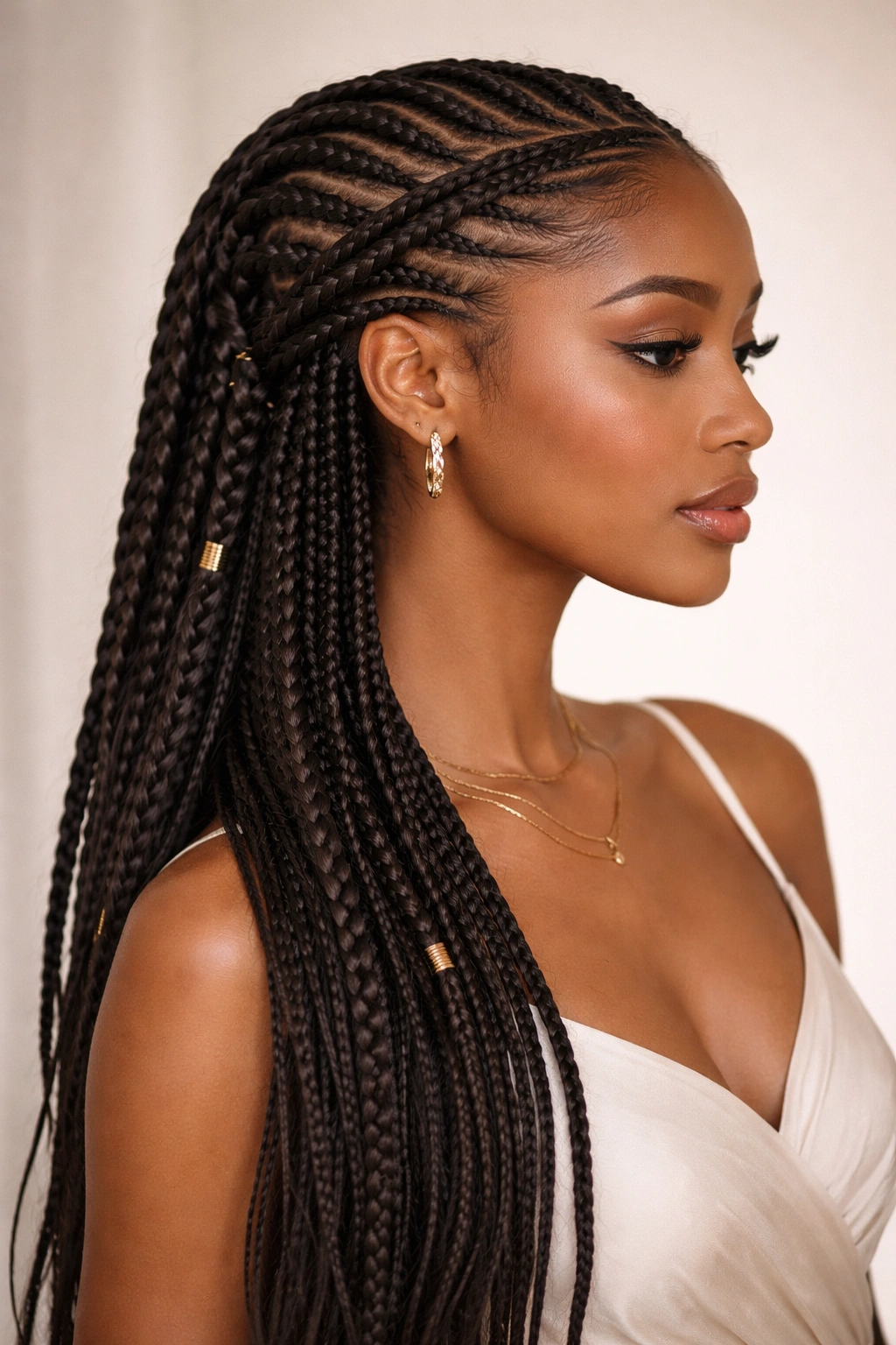 Side view of a crown-like braid with flowing side braids