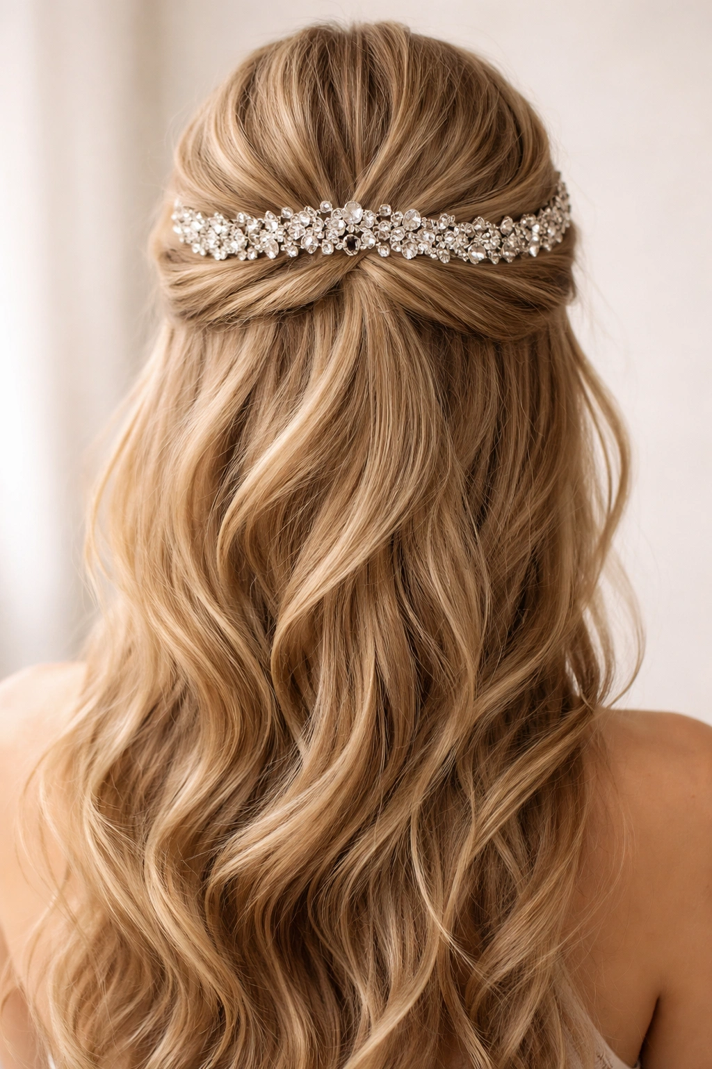 Close-up of crystal-studded crown half-up hairstyle with sparkling crystals