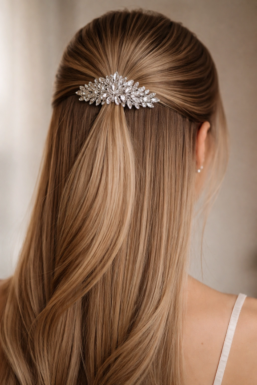 Half-up hairstyle secured with crystal hair comb at the crown