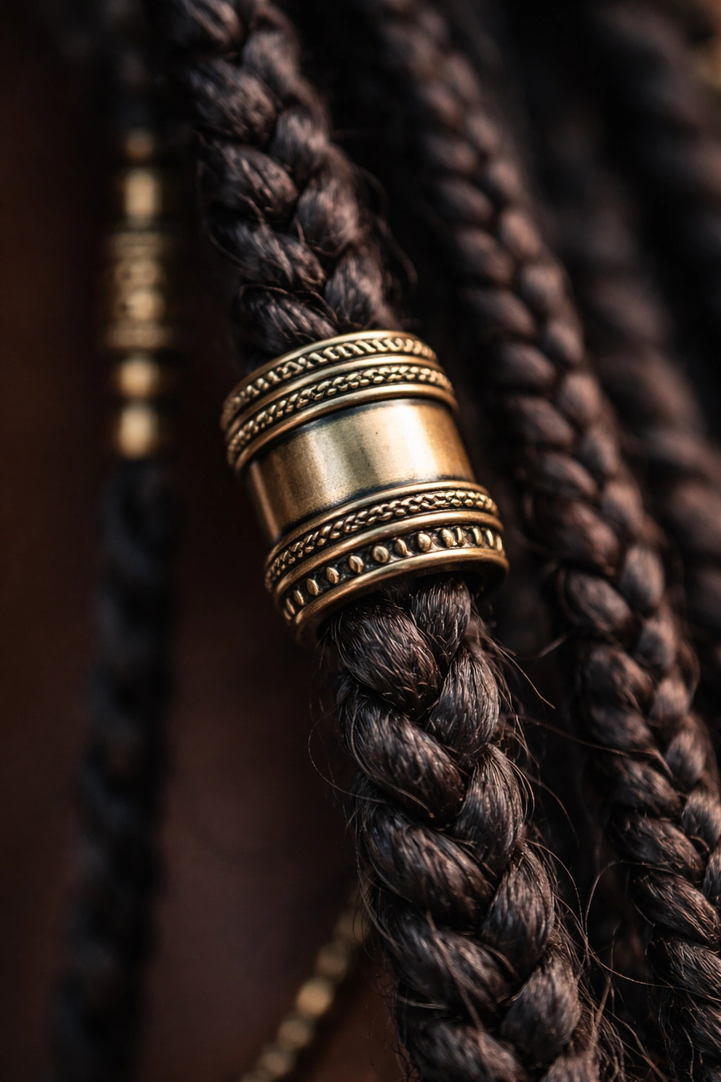 Close-up of cuff-designed bead on Fulani braid with textured surface