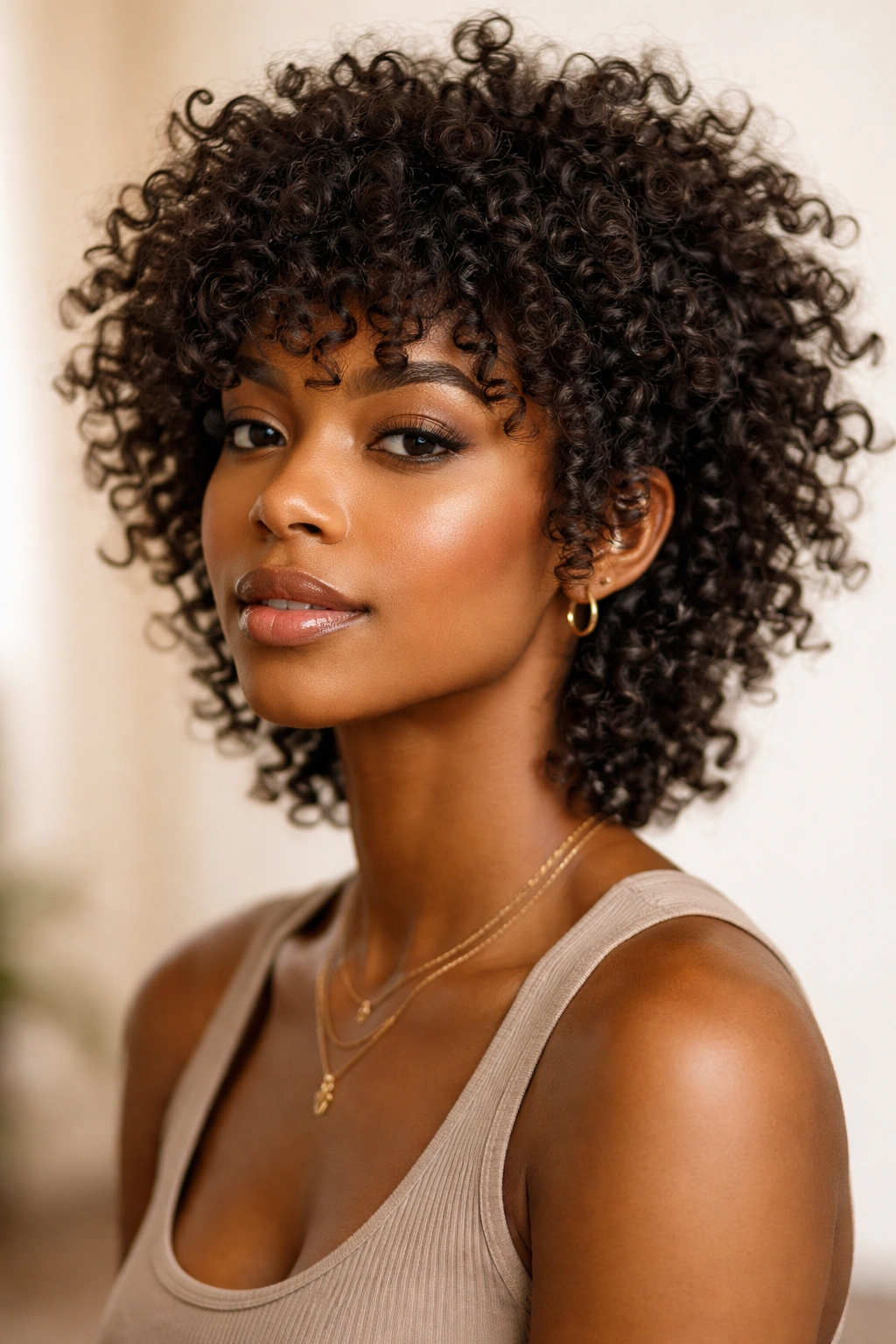 Textured curl activated shag with short layers on coils