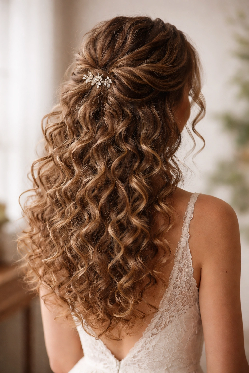Back view of The Romantic Curl Cluster Half-Up with a loose cluster of curls secured at the back.