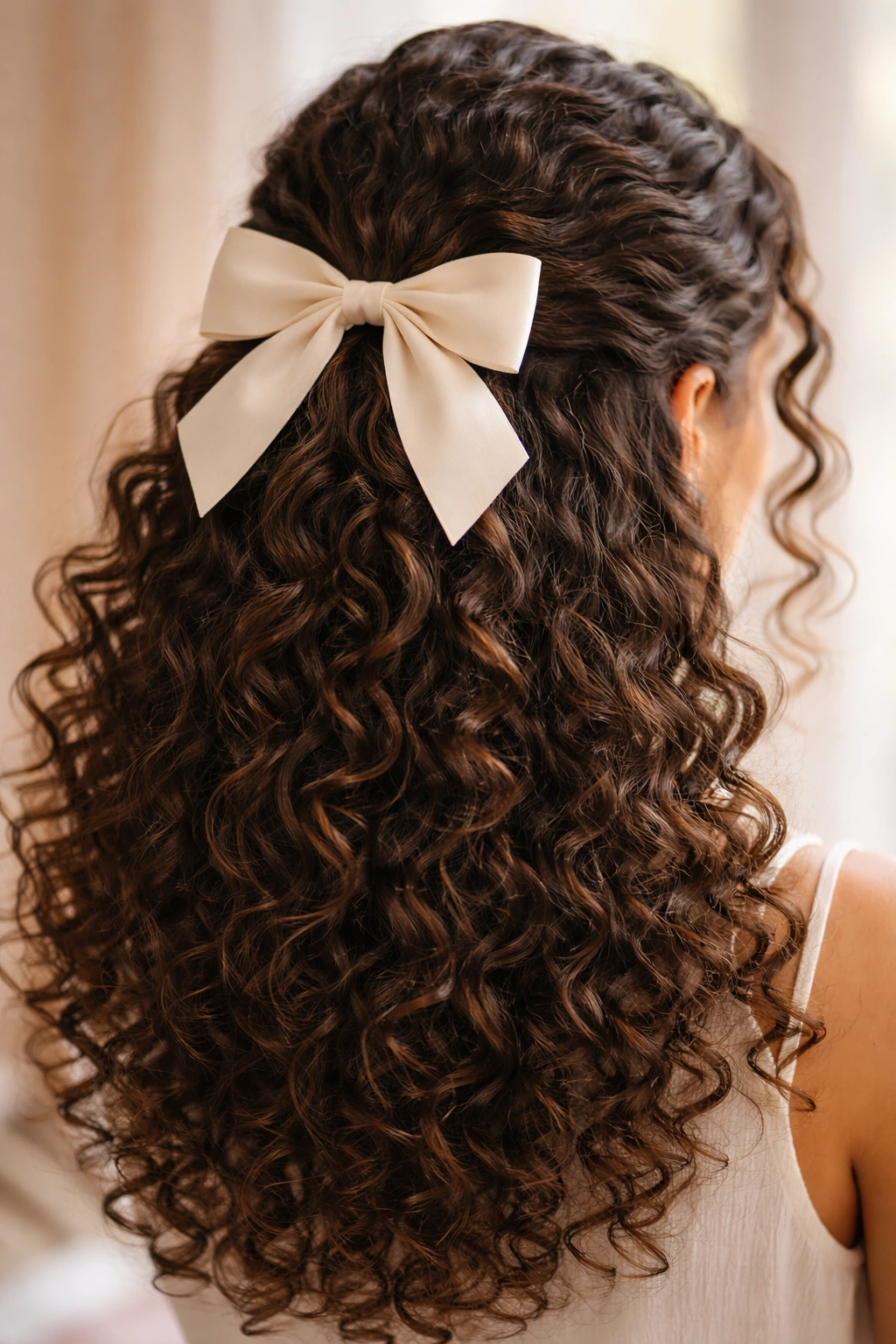 Curl defining half-up bow hairstyle emphasizing texture