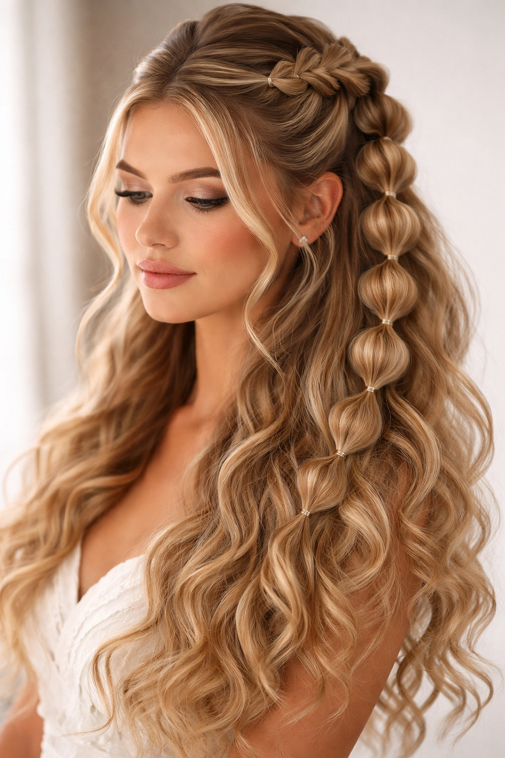 Bubble braid with curl extensions adding thickness and curls