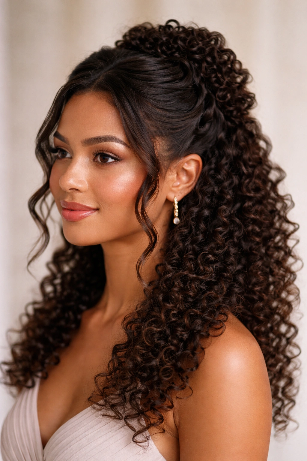 Close-up of a person with mixed curl textures in a half-up hairstyle: loose waves, medium curls, and tight coils