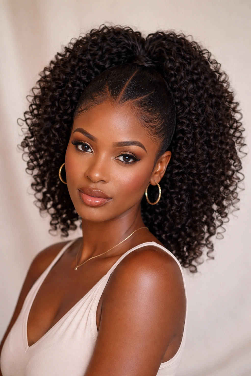 Curly V-part ponytail with defined coils and V-shaped crown